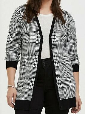 Torrid Plaid Slub Cardigan Black & White Houndstooth Grunge Sweater Plus Size 3X